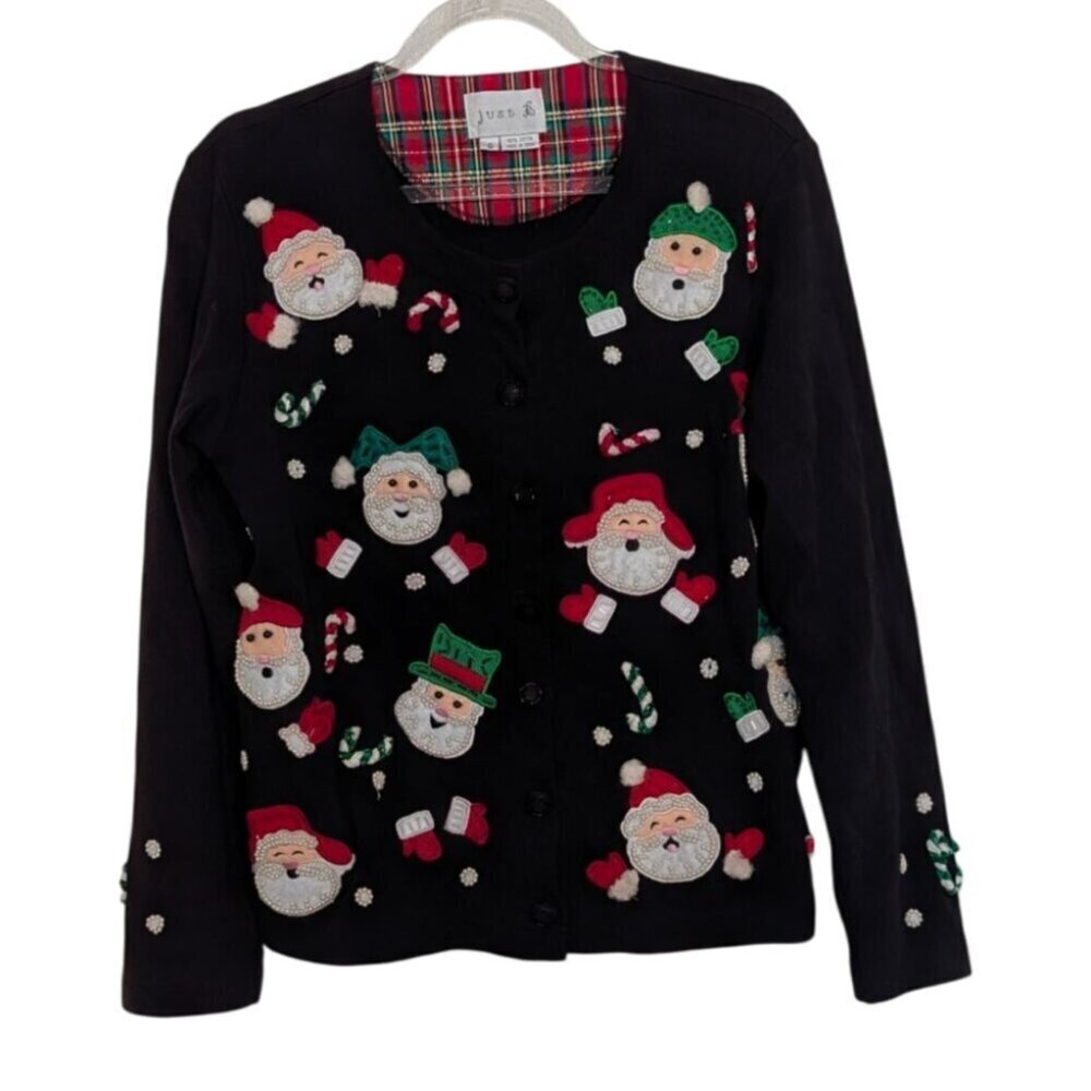 Just B Not So Ugly Christmas Cardigan Womens Size Small Black Beaded Santa